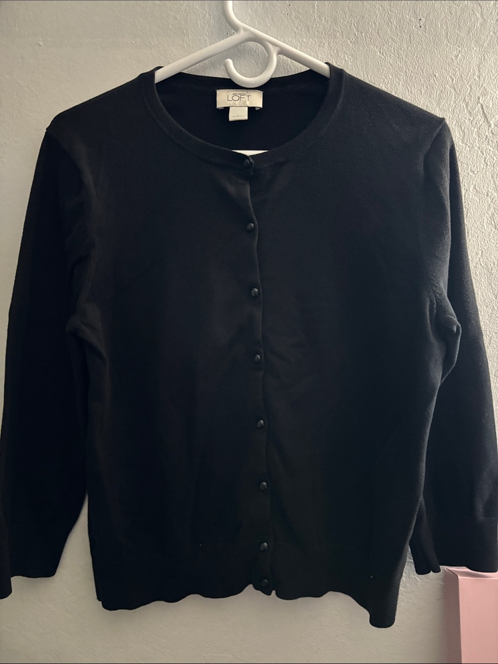 LOFT Black Crewneck Button-Front Cardigan